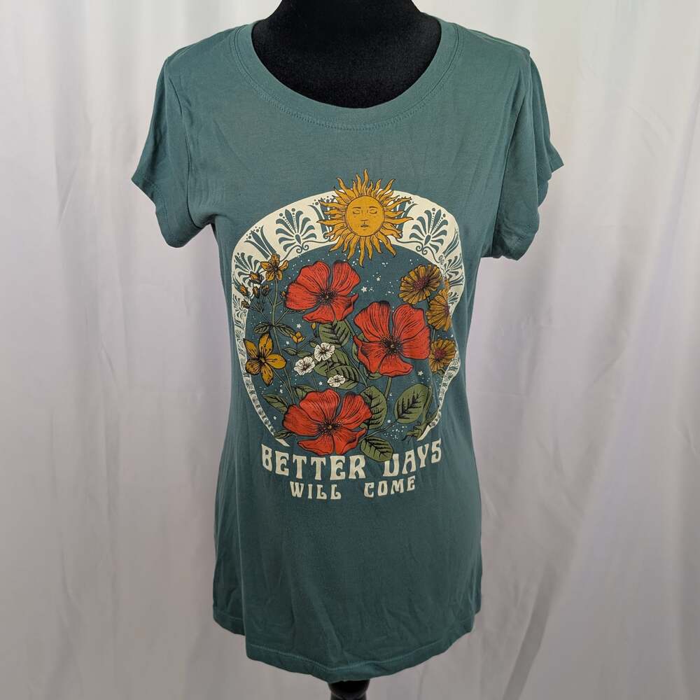 Better Days Will Come Sun Floral Graphic Tee Teal Juniors L 11-13 Wound Up